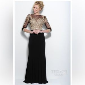 Terani couture m3830 black long sleeve gown with gold embellishment